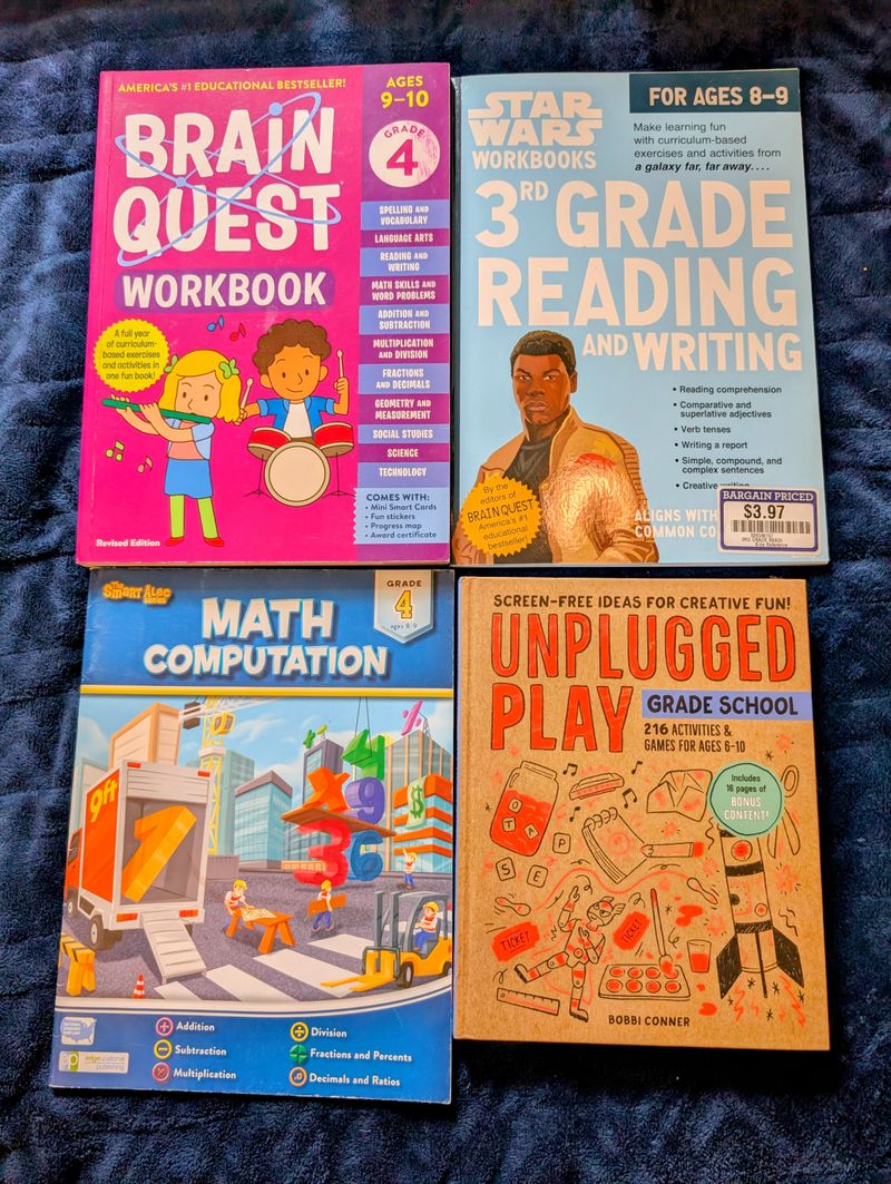 4 3/4th grade workbooks 3rd starwars ELA, 4th math, 4th Brain Quest couple pages done Workbook
