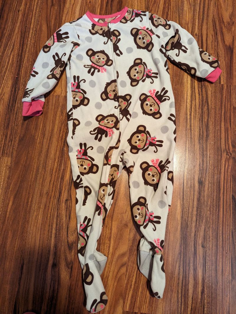 Carter's fleece Zipfront footed monkey pajamas White w monkeys and polka dots, pink trim 2T
