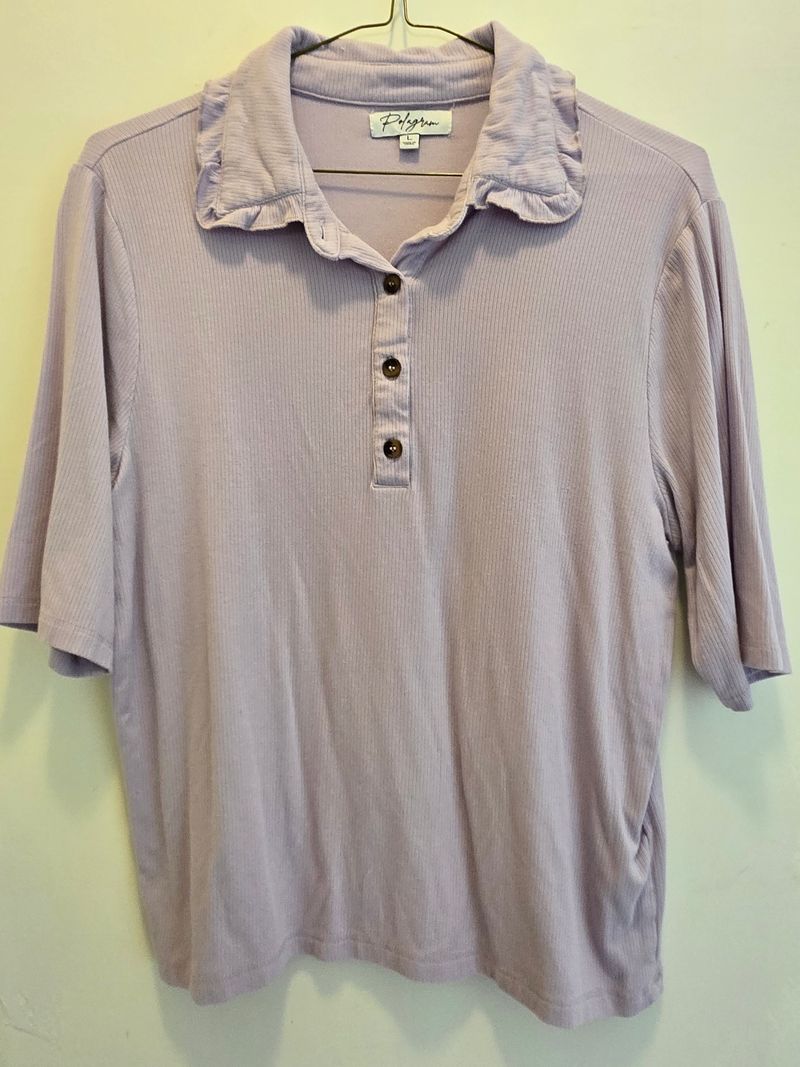 Polagram Lavender button ruffle collar top soft 20