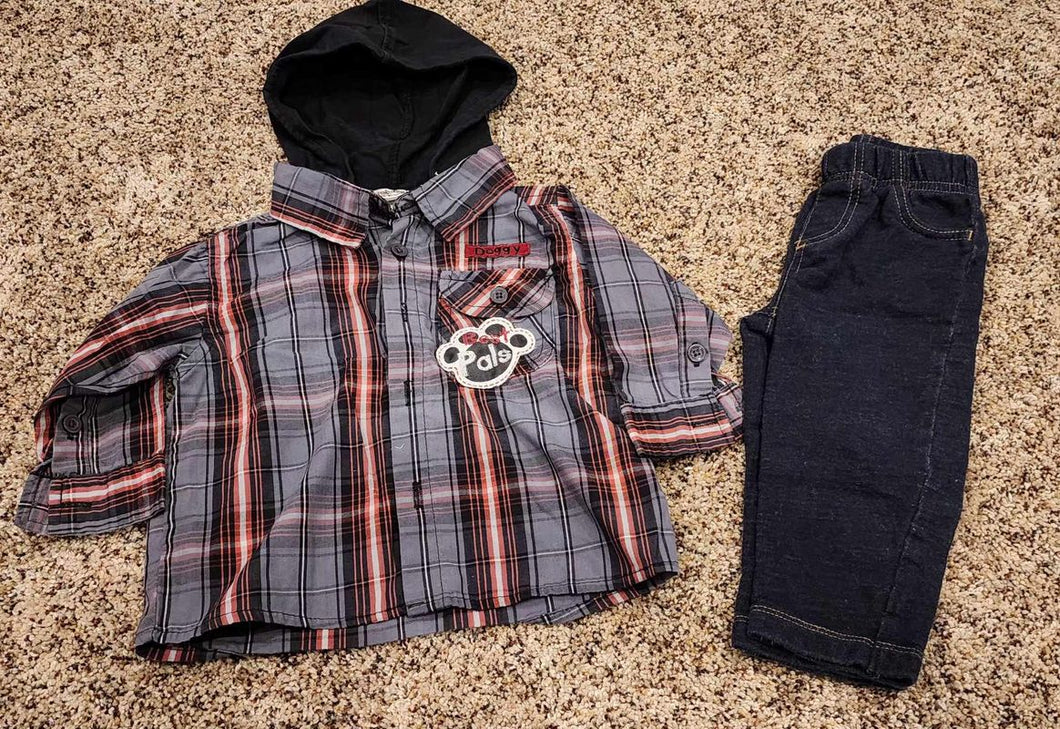12 mo. Button up hooded long sleeve. Jean jegging  12 Months