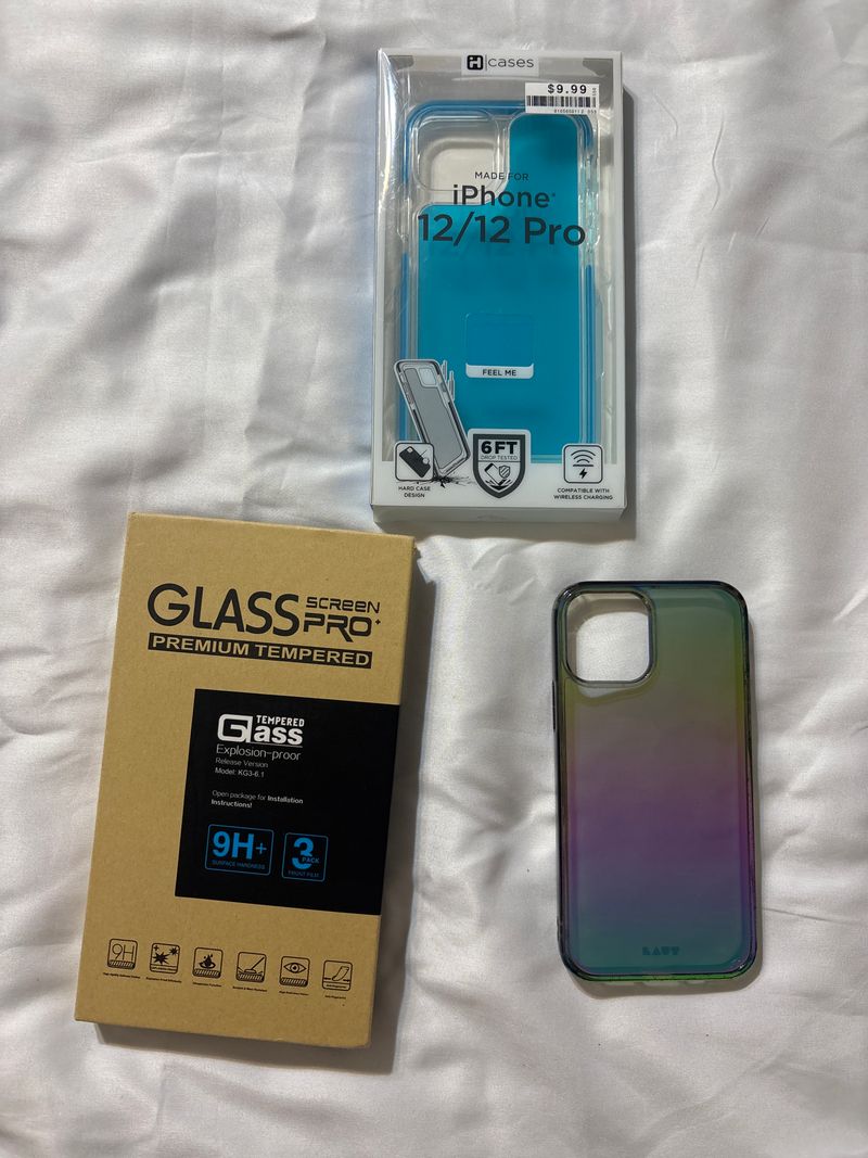 iPhone 12 two cases two glass screen protectors Metallic and clear teal phone case protectors with two glass pro