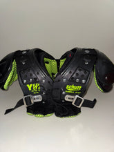 Load image into Gallery viewer, Schutt shoulder pads with back plate size 3XS 9 to 10 inch like new blk and lime green text
