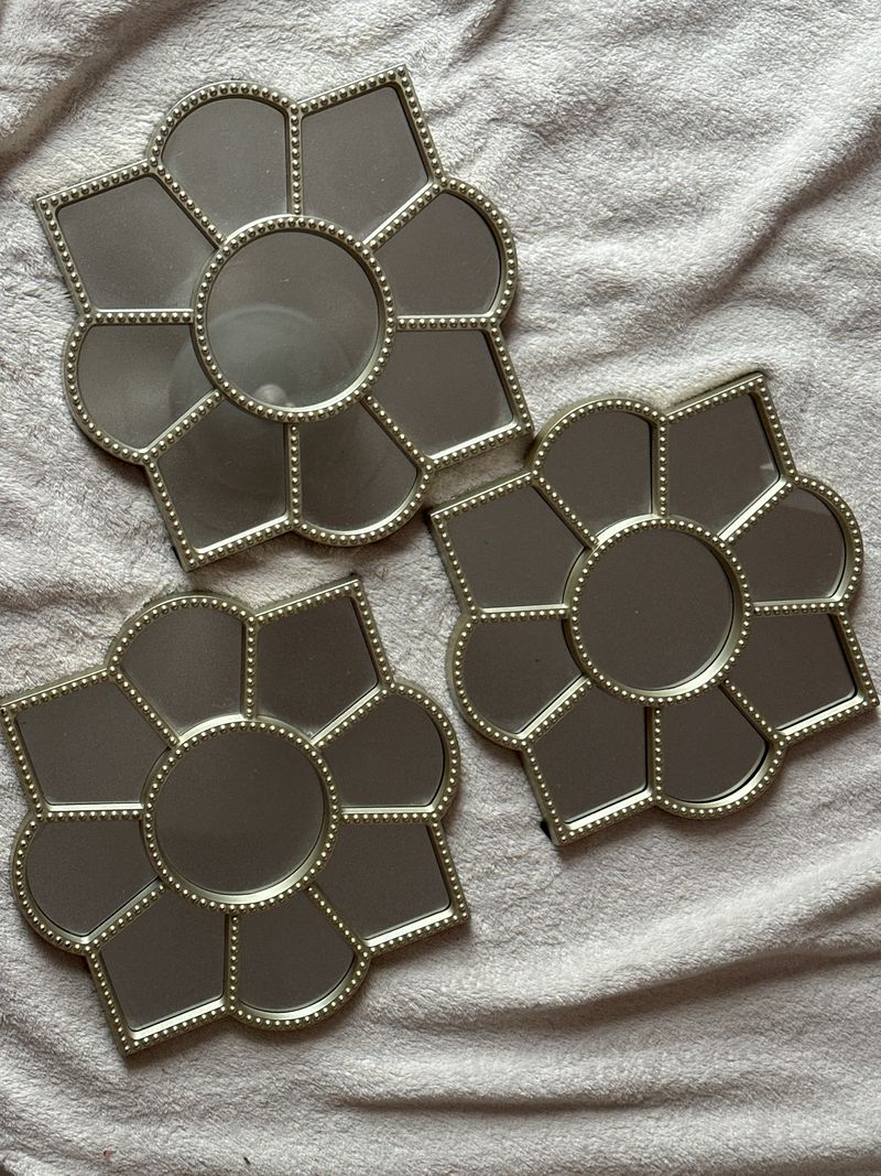 3 mirrors - wall hang only 9in by 9in - plastic silver frames