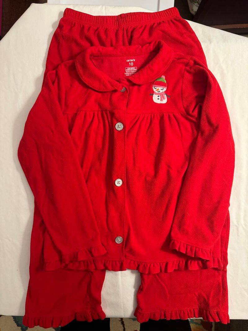 Carters fleece set Red fleece snowman top and pants, ruffle bottom 10