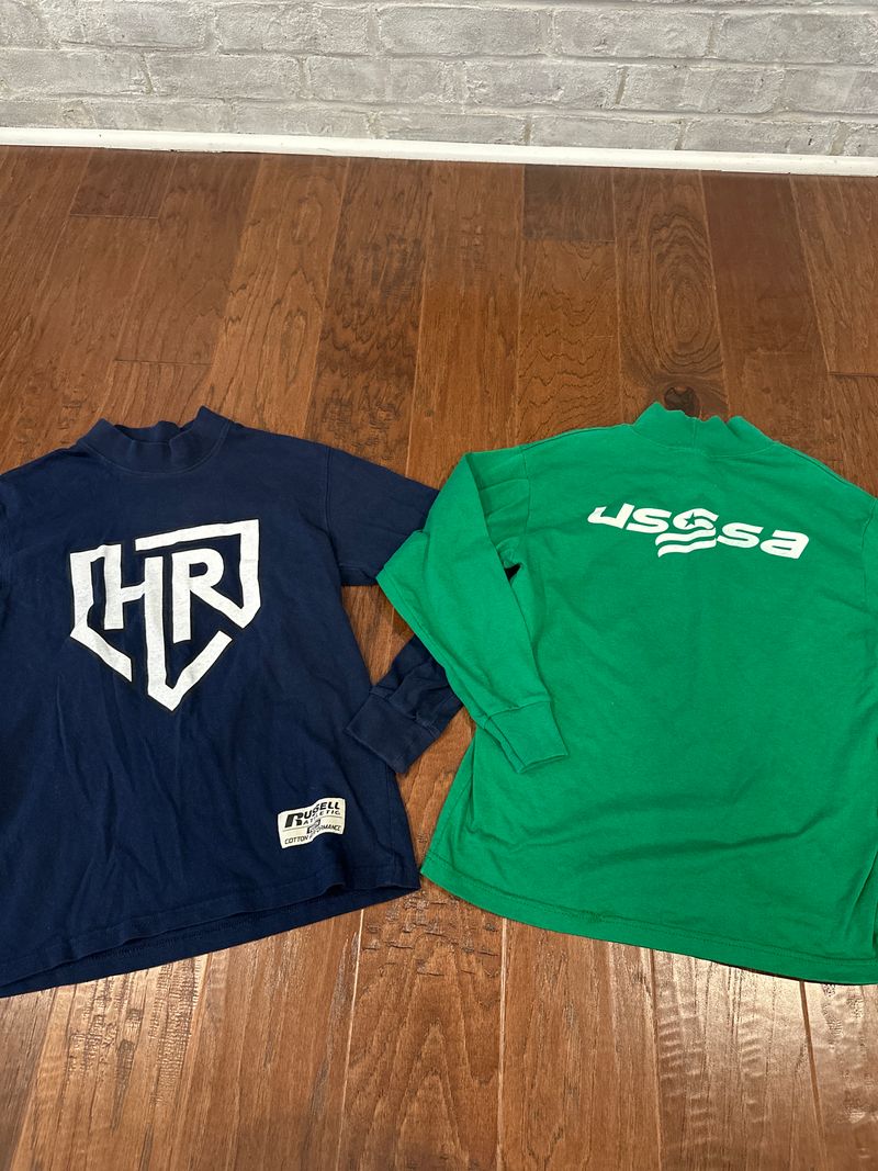 2 USSSA long sleeve shirts navy and green YM - navy front green back of shirt 6