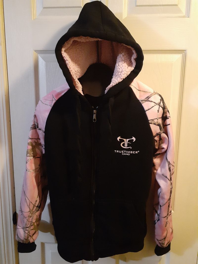 TruTimber black with pink camo sleeves hooded, full zippered and sherpa lined jacket Women's - S
