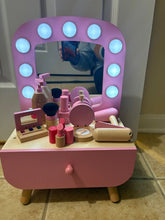 Load image into Gallery viewer, Pink light up play vanity Wooden pretend makeup, blow dryer, straightener, perfume, lotion Pretend Toy
