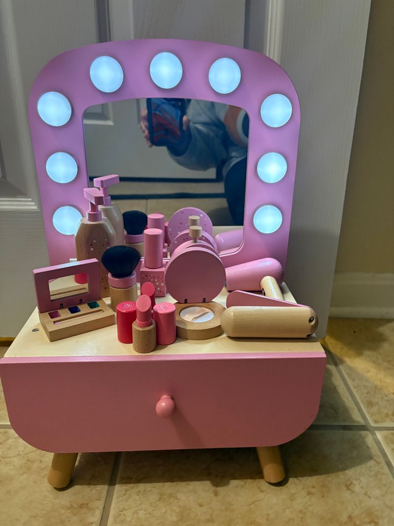 Pink light up play vanity Wooden pretend makeup, blow dryer, straightener, perfume, lotion Pretend Toy