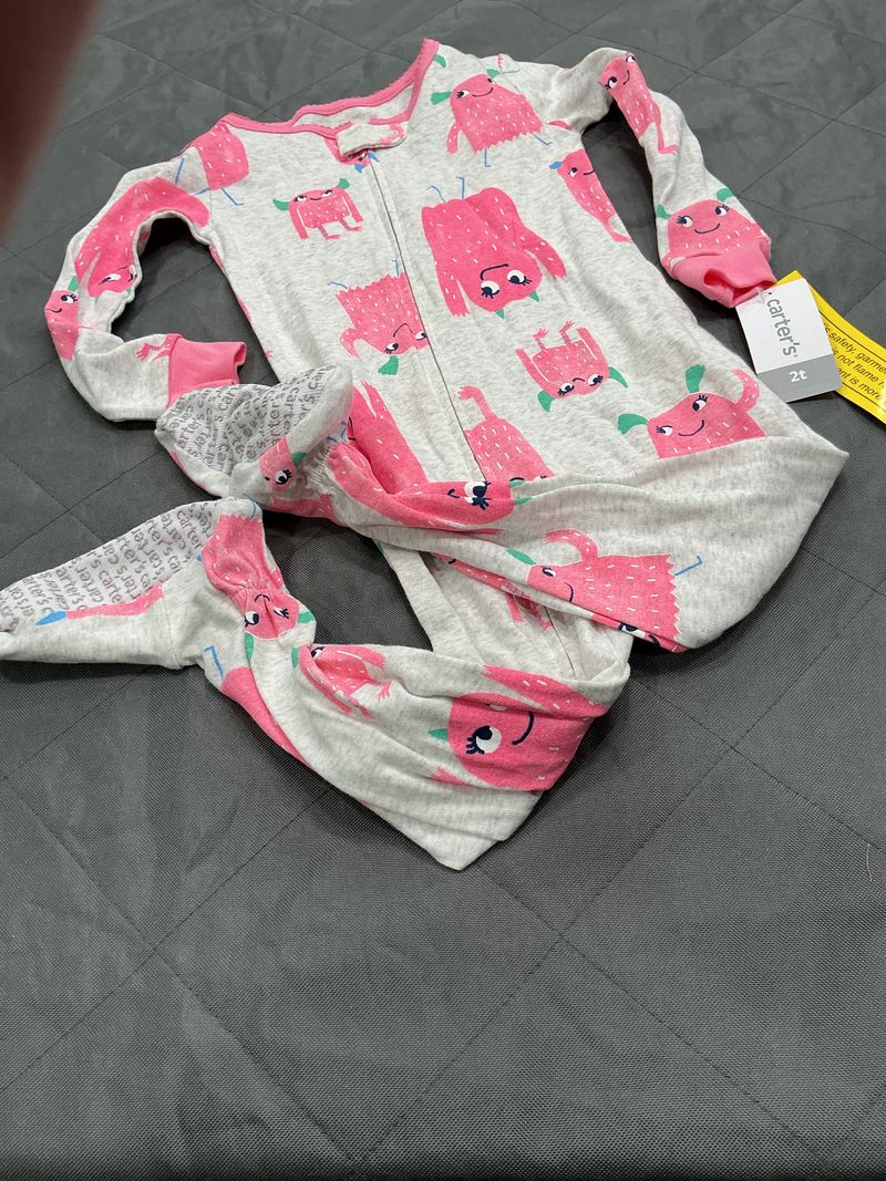 Carters 1 pc pjs w/feet NWT MSRP $20 gray/pink monsters 2T