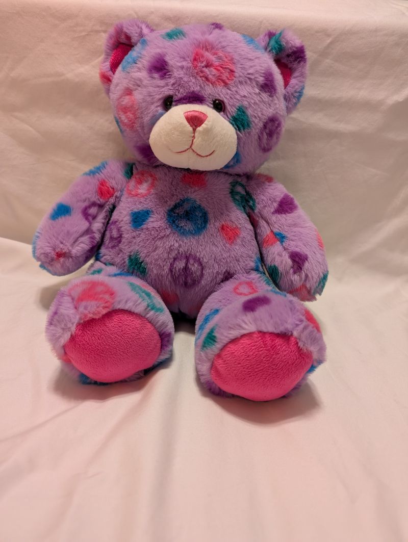Build a Bear plush bear Purple bear with purple, pink, blue, green peace & heart symbols Plush Toys