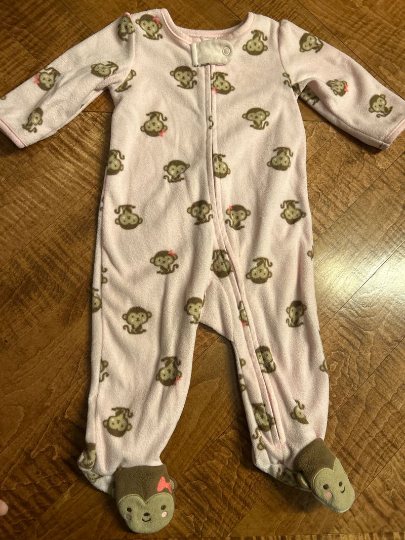 Carters footed pajamas, zipper, 3-6 months Pink with monkeys, monkey feet, fleece 3 Months