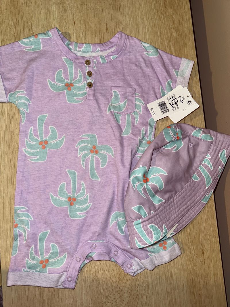 Grayson Mini NWT purple button romper with hat 6 Months