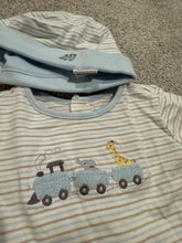 Load image into Gallery viewer, Janie and Jack 3-6 month Boutique Romper Animal train theme with matching hat 3 Months
