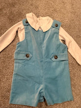 Load image into Gallery viewer, TBBC Boutique Jon Jon with Peter Pan Collar onesie Blue Velvet - Like New - Gorgeous piece! 12 Months
