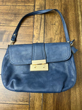 Load image into Gallery viewer, Michael Kors Blue Purse Small imperfection inside the purse at the fold
