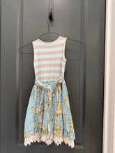 Load image into Gallery viewer, Mustard Pie Blue and grey long dress with lots of patterns and a big flower 4T
