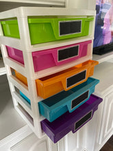 Load image into Gallery viewer, 5 drawer storage with labels on front 5 drawers H 20.5 inches W14.5 inches. Like new condition

