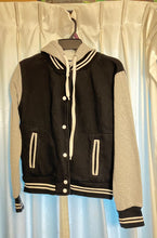 Load image into Gallery viewer, MV Sport Med jersey knit snap front jacket w/ hood, Black/gray Women's - M
