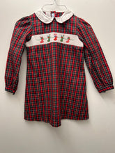 Load image into Gallery viewer, Red/green plaid dress boutique brand Vive La Fete Red green, navy plaid with Christmas stockings smocking 6
