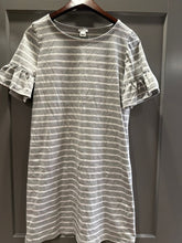 Load image into Gallery viewer, I Crew size S but runs big Gray  dress with white stripes and ruffle sleeves T-shirt dress Women's 6
