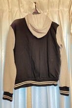 Load image into Gallery viewer, MV Sport Med jersey knit snap front jacket w/ hood, Black/gray Women's - M
