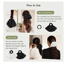 Load image into Gallery viewer, LilySilk black w/white polka dots hair scrunchie BNIB black silk hair scrunchie drapes over hair very beautiful
