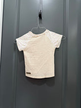 Load image into Gallery viewer, Matilda Jane Beige t-shirt with colorful polka dots, white ruffles, and pocket 4T
