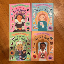 Load image into Gallery viewer, Kane miller/ PaperPie sticker life stories. 4 book New. Maya Angelo, Jane Goodall, Marie curie, Frida kahlo Workbook
