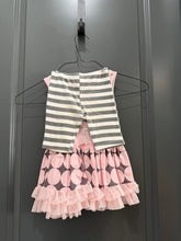 Load image into Gallery viewer, Giggle Moon Pink and grey pattern set with pants, flower, and button 24 Months
