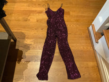 Load image into Gallery viewer, NWT Express xs purple sparkly pants romper Spaghetti strap retail $79 Women's - XS
