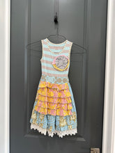 Load image into Gallery viewer, Mustard Pie Blue and grey long dress with lots of patterns and a big flower 4T

