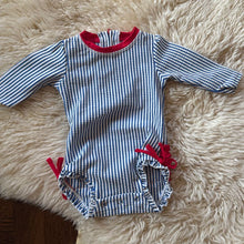Load image into Gallery viewer, Ruffle Butts seersucker long sleeved swimsuit Diaper access. Euc. Tagged 3-6 mo. 3 Months
