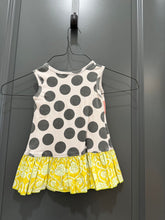 Load image into Gallery viewer, Giggle Moon Grey and white pattern dress with flower, and pink/yellow details 24 Months
