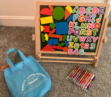 Load image into Gallery viewer, Double sided Easel with crayons and magnets One side chalk board, one side dry erase, paper option Educational
