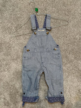 Load image into Gallery viewer, Dotty Dungarees Blue and white striped overalls 12 Months
