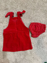 Load image into Gallery viewer, Dotty dungarees Red corduroy dress with polkadot bloomers 12 Months
