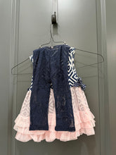 Load image into Gallery viewer, Giggle Moon Navy and white pattern set with lace pants, and flower 2T
