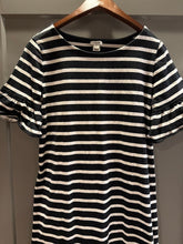 Load image into Gallery viewer, I Crew size S but runs big Black dress with white stripes and ruffle sleeves T-shirt dress Women's 6
