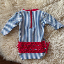 Load image into Gallery viewer, Ruffle Butts seersucker long sleeved swimsuit Diaper access. Euc. Tagged 3-6 mo. 3 Months
