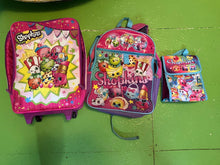 Load image into Gallery viewer, Shopkins set, good for nostalgia/seniors Play condition suitcase, backpack, lunch bag, small tears
