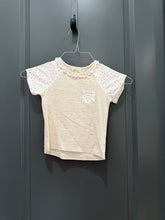 Load image into Gallery viewer, Matilda Jane Beige t-shirt with colorful polka dots, white ruffles, and pocket 4T
