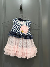 Load image into Gallery viewer, Giggle Moon Navy and white pattern set with lace pants, and flower 2T

