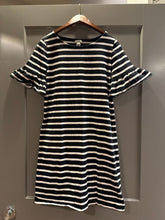 Load image into Gallery viewer, I Crew size S but runs big Black dress with white stripes and ruffle sleeves T-shirt dress Women's 6
