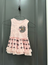 Load image into Gallery viewer, Giggle Moon Pink and grey pattern set with pants, flower, and button 24 Months

