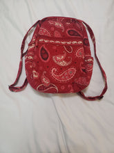 Load image into Gallery viewer, Vera Bradley backpack Red patterned back pack w/2 side pockets, front and top zip

