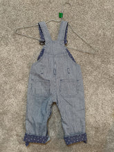 Load image into Gallery viewer, Dotty Dungarees Blue and white striped overalls 12 Months
