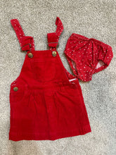 Load image into Gallery viewer, Dotty dungarees Red corduroy dress with polkadot bloomers 12 Months
