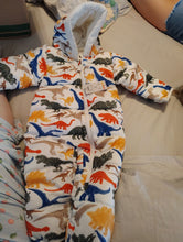 Load image into Gallery viewer, Okedokie New with tags super thick dinosaur snowsuit retails 80 12 Months

