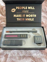 Load image into Gallery viewer, NEW NIB KAB Cosmetics 4 piece lip set sharpener liner, gloss, lipstick Just4U color combo RV $45
