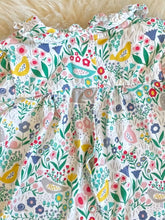 Load image into Gallery viewer, Baby Boden bite printed top with Peter Pan collar Size 12-18, long sleeved, print is floral and little critters 12 Months
